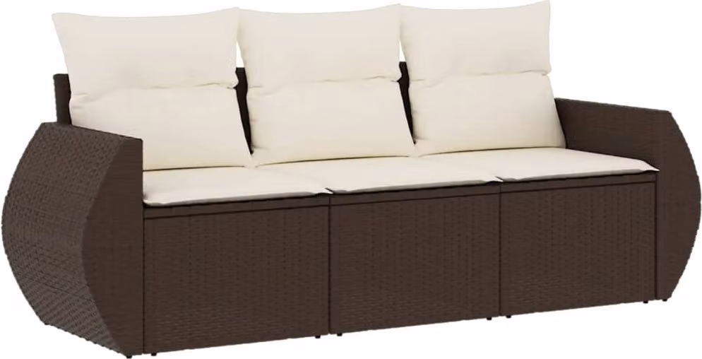 Set Divano da Giardino 3 pz con Cuscini Marrone in Polyrattan