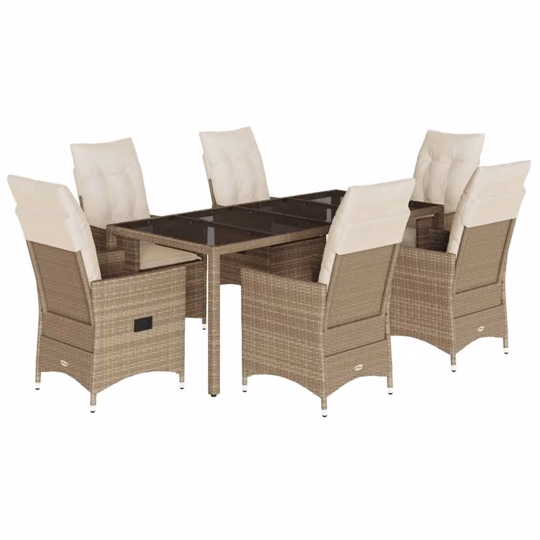 Set da Pranzo da Giardino 7 pz con Cuscini Beige in Polyrattan
