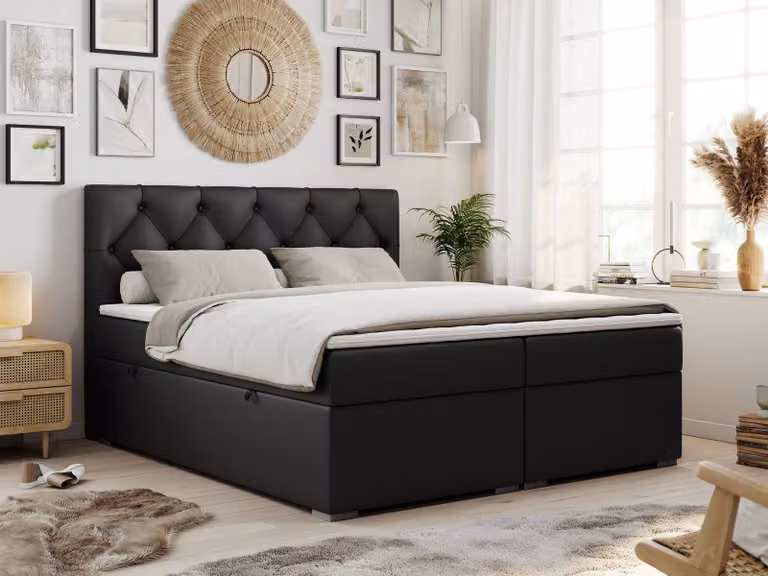 Boxspring con testiera trapuntata ALDA - 160x200 cm - Materasso multipocket H3 | Ecopelle nera - Topper T25