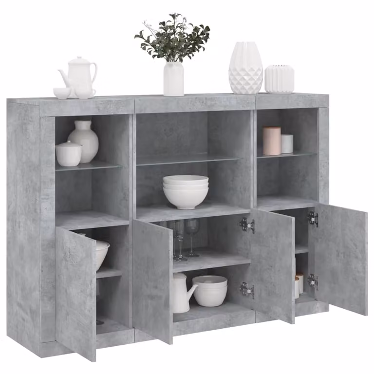 Set di 3 credenze moderne vidaXL con luci LED integrate in legno multistrato, colore grigio cemento opaco