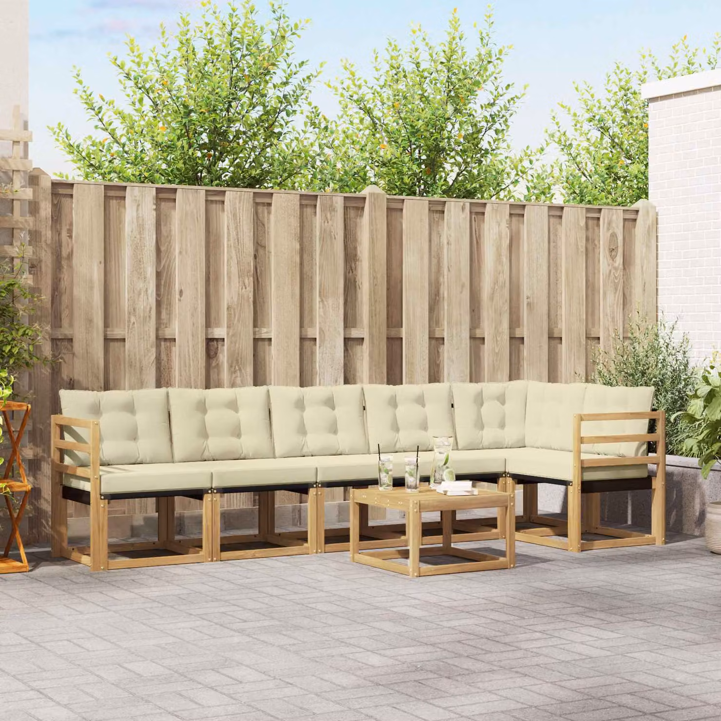 Set di divani da esterno vidaXL a forma di L composto da 7 pezzi con tavolo da caffè, in legno di acacia trattato e tessuto bianco, beige e marrone