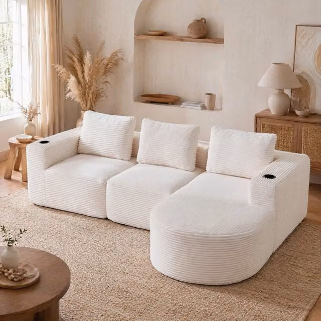 Divano imbottito in poliestere beige con 3 cuscini e portabicchieri HOMVRA