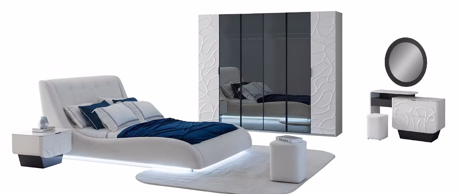 Set da camera da letto: comodino, letto, armadio, cassettiera, bianco, moderno
