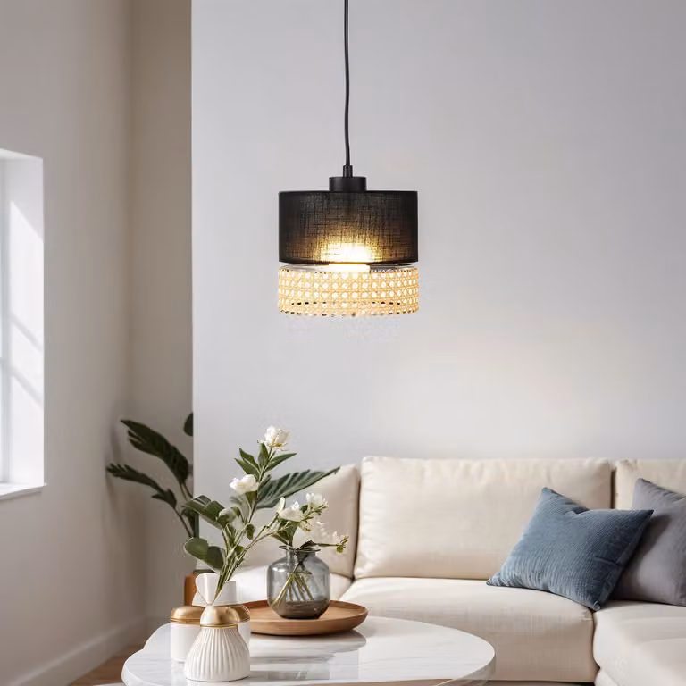 Lampada a sospensione E27 Ø 20 cm nero marrone regolabile in tessuto rattan moderna lampada a sospensione soggiorno sala da pranzo