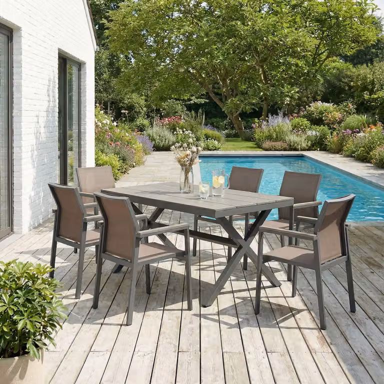 Set di mobili da giardino WINDY con 1 tavolo e 6 sedie in alluminio e WPC grigio/marrone, set tavolo da pranzo effetto legno, sedie con rivestimento in rete resistente alle intemperie, set da giardino.