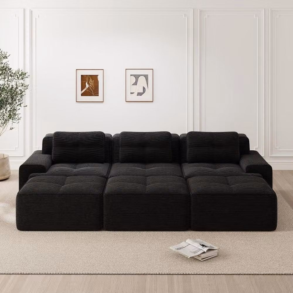 Divano angolare modulare con funzione letto e 3 poggiapiedi, divano corduroy nero a 3 posti, design senza struttura, ideale per il soggiorno, dimensioni 293x177x69 cm