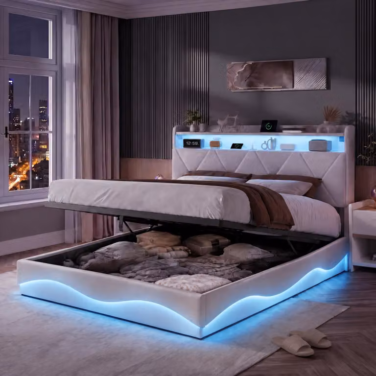 Letto matrimoniale con boxspring, imbottito, 140x200 cm, con LED e USB, contenitore a sollevamento idraulico, struttura letto con rete a molle, tessuto velluto, color beige