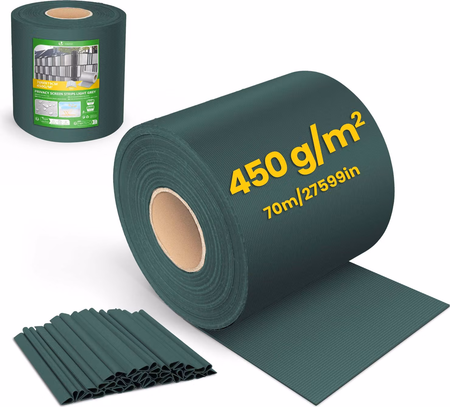 Strisce frangivista in PVC VOUNOT® per recinzioni a doppia barra, 70 m x 19 cm, 40 clip di fissaggio, verde