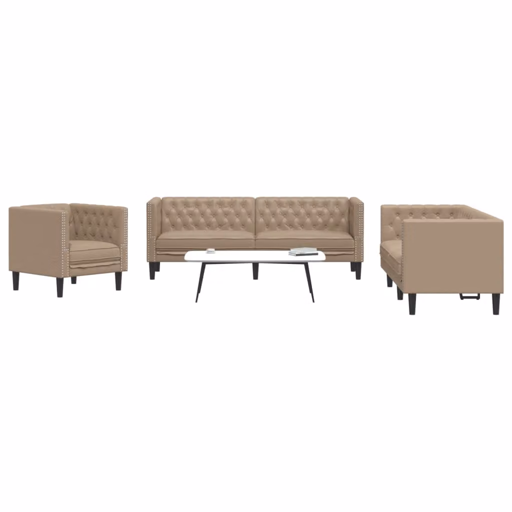 Set di Divani Chesterfield vidaXL in Similpelle Beige e Marrone per Soggiorno – 1