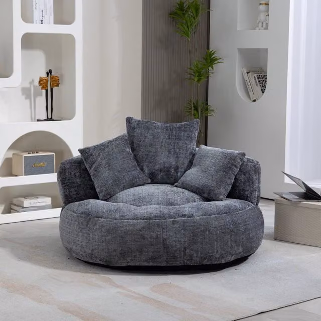 Pouf poltrona da pavimento MIVRAY in ciniglia grigio con schienale alto, braccioli e cuscino imbottito, L: 76 cm, P: 52 cm, H: 108 cm