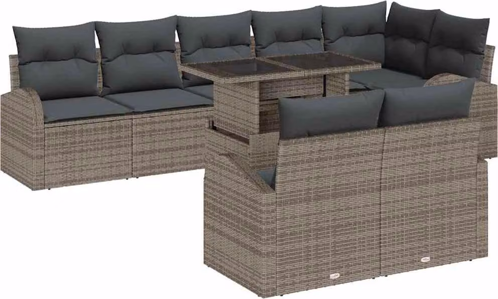 Set Divano da Giardino 9 pcs Grigio Poly Rattan