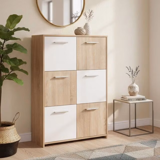 Madia DMORA Dresano in legno e MDF, design moderno per cucina o soggiorno, Bianco e Marrone, L: 77 cm, P: 30 cm, H: 115 cm – 1