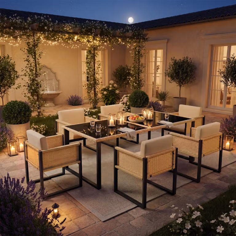 Flieks set salotto da giardino set 6 persone, mobili da giardino in rattan mobili da balcone 7 pezzi, tavolo da giardino con piano in vetro, set da giardino finitura naturale