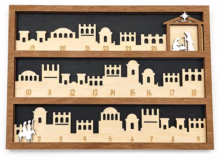 Calendario dell'Avvento in legno, dimensioni 30x21 cm, con figure mobili