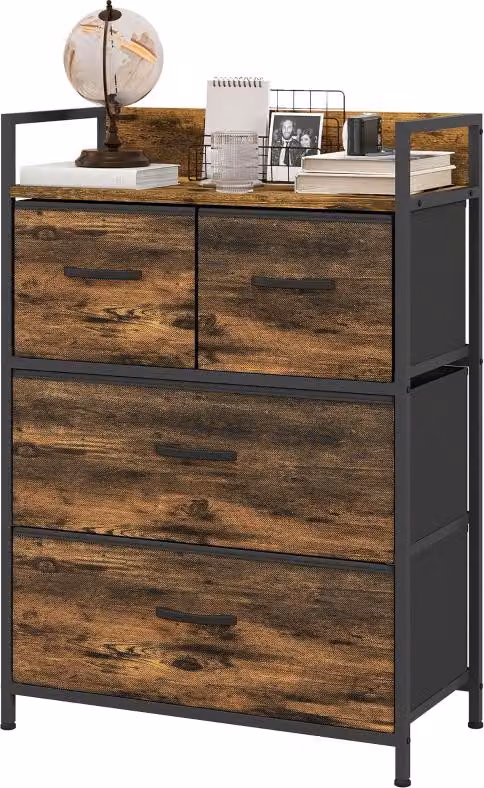 Comodino, credenza, 4 cassetti rivestiti in tessuto, design industriale, 60x29x85 cm, marrone/nero