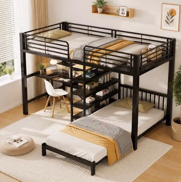 Letto a castello con scrivania; ripiani e prese USB/Type-C 90x200 cm; nero
