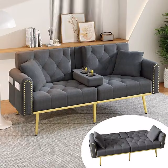 Divano letto estraibile ¨C Minimal ¨C tessuto grigio 2 posti con porta bevande