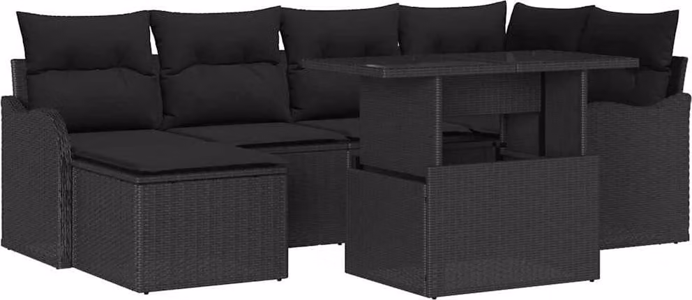 Set Divano da Giardino con cuscino 7 pcs Nero Poly Rattan