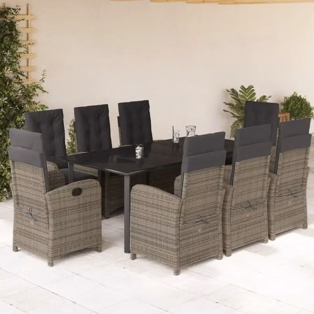 Set da Pranzo da Giardino vidaXL in Polyrattan e Vetro, 9 Pezzi, Grigio e Nero – 1