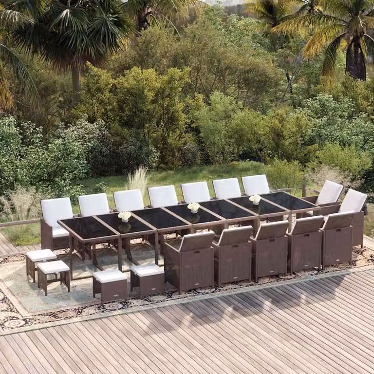 vidaXL Set da Pranzo per Giardino da 19 Pezzi in Polyrattan Marrone con Cuscini e Tavolo in Vetro