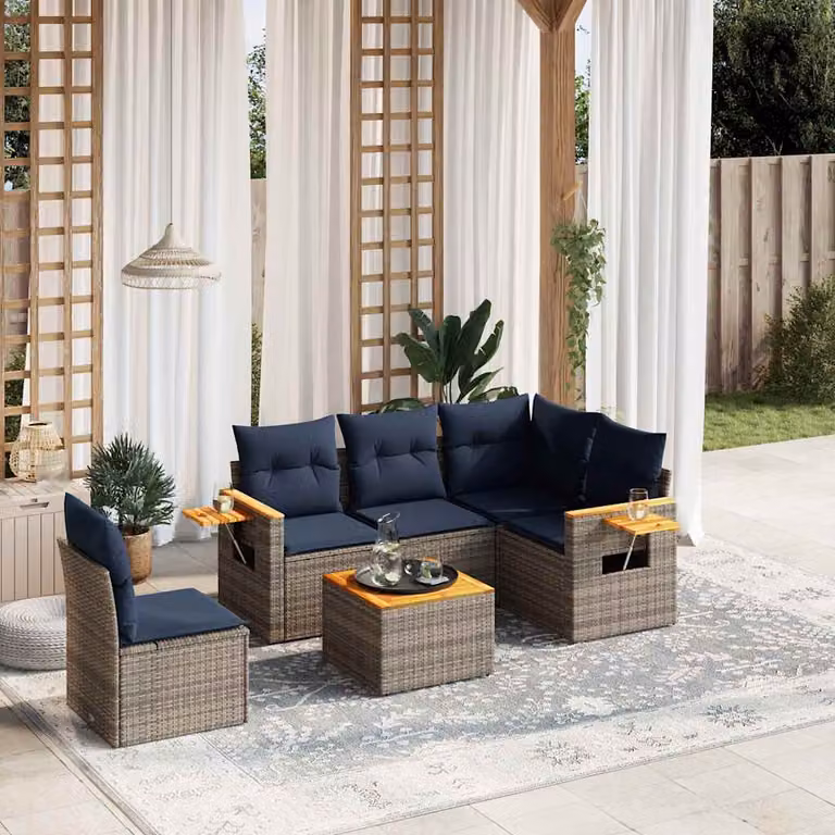 vidaXL Set Divani da Giardino 6 pz a L con Cuscini Blu e Grigio in Polyrattan e Legno di Acacia