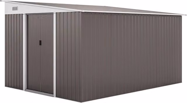 Casetta da giardino in acciaio zincato con doppia porta scorrevole e ventilazione; grigio; 280x345x169/201 cm