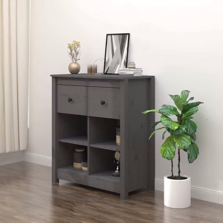 vidaXL Credenza Grigia in Legno di Pino Massello L: 70 cm, P: 35 cm, H: 80 cm