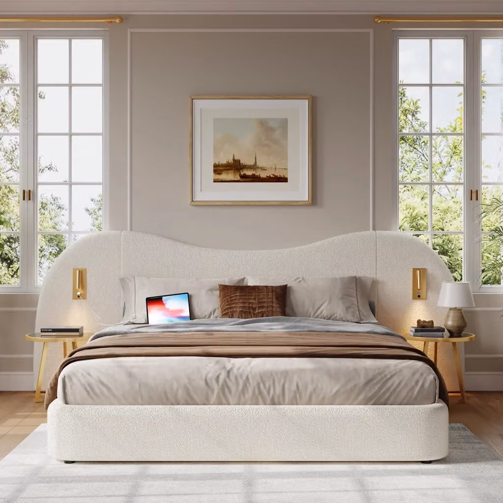 Letto contenitore matrimoniale in bouclé bianco con porta USB e lampada da lettura, L/P: 180 x 200 cm – 2