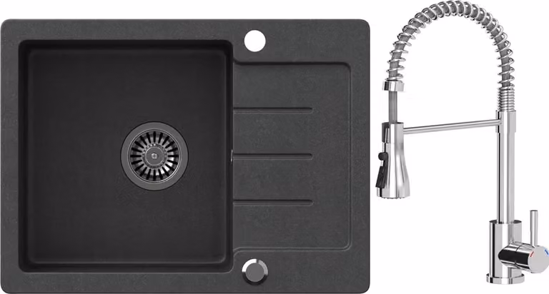 VBChome Lavello Granito Nero con Rubinetto 60 x 44 cm Lavello da incasso a vasca singola Speckled Reversible Siphon Washbasin