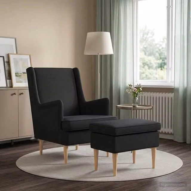 Set Poltrona con Ottoman vidaXL in Tessuto Nero per Soggiorno e Camera da Letto