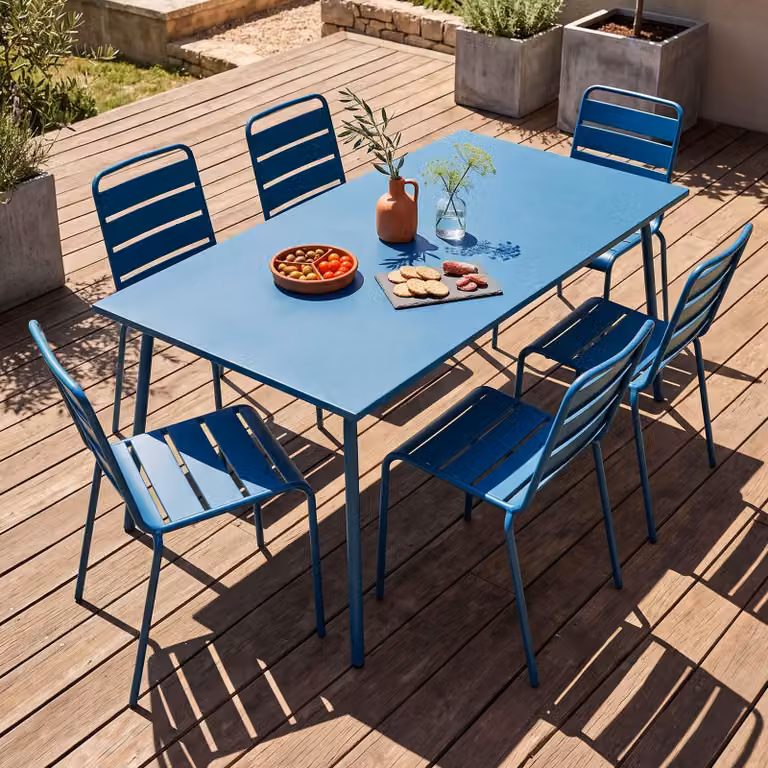 Tavolo da giardino e 6 sedie in metallo blu pacifico - Oviala Palavas