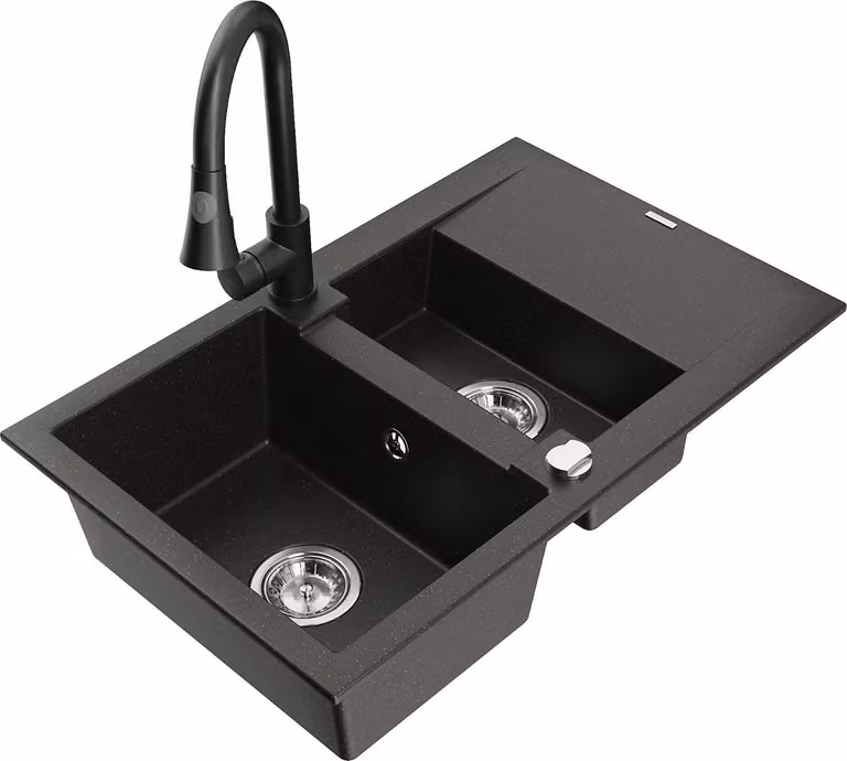 Mexen Gaspar lavello in granito a 1,5 vasche con scolapiatti e rubinetto da cucina Elia, nero/oro metallizzato
