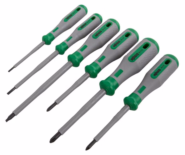Set di 6 cacciaviti isolati 1000 V WAGO VDE con impugnatura bimateriale: PH1 - PH2 - PZ1 - PZ2,5 - PZ3,5 - PZ5,5