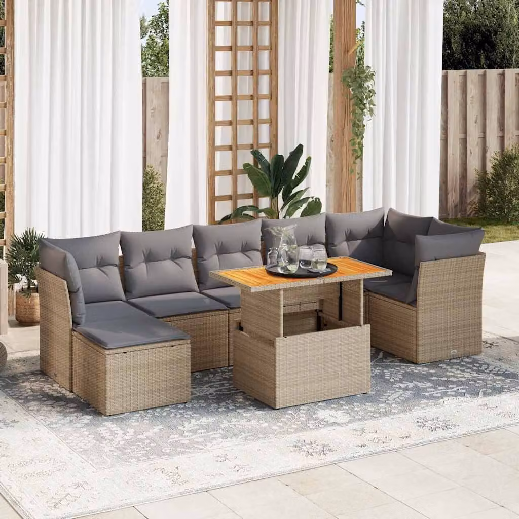 Set Divano da Giardino vidaXL 8 pz in Polyrattan Beige con Cuscini e Tavolino da Esterno a Forma di L