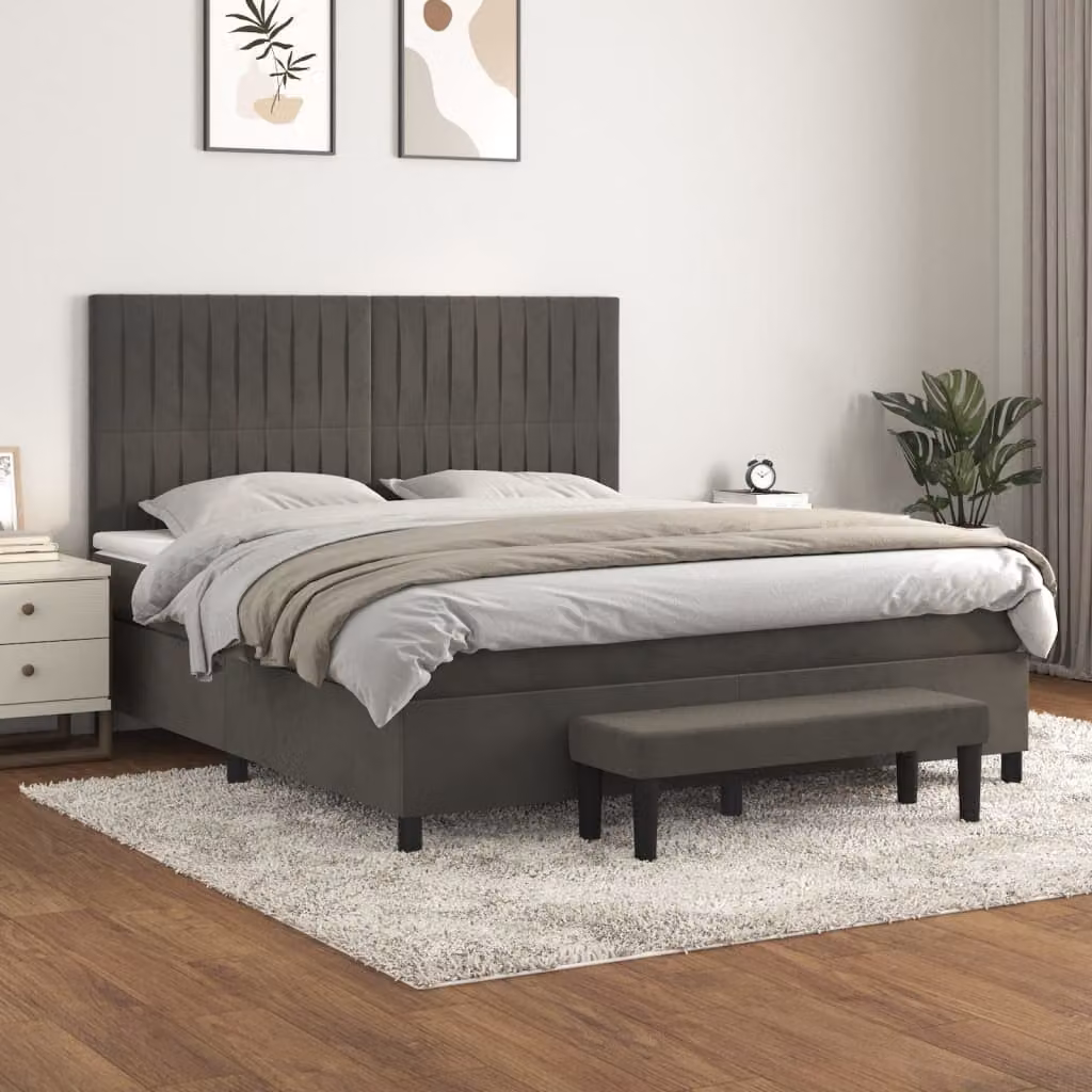 vidaXL Giroletto a Molle con Materasso Ibrido in Velluto Grigio Scuro L/P/H: 180 x 200 x 128 cm – 1
