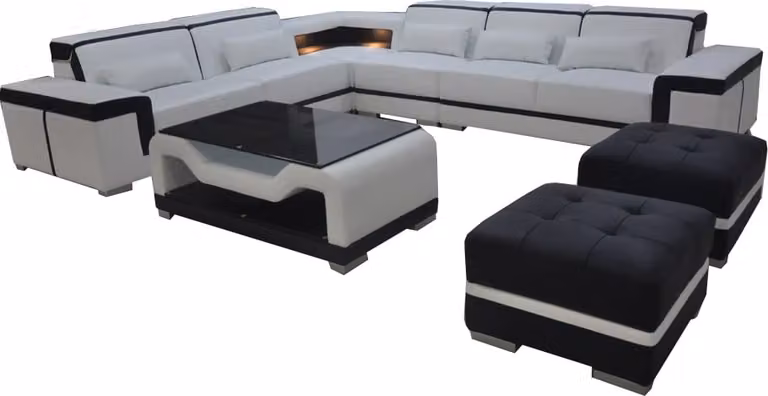Leder Sofa mit USB Polster Eck Couch Garnitur Wohnlandschaft Tisch Hocker