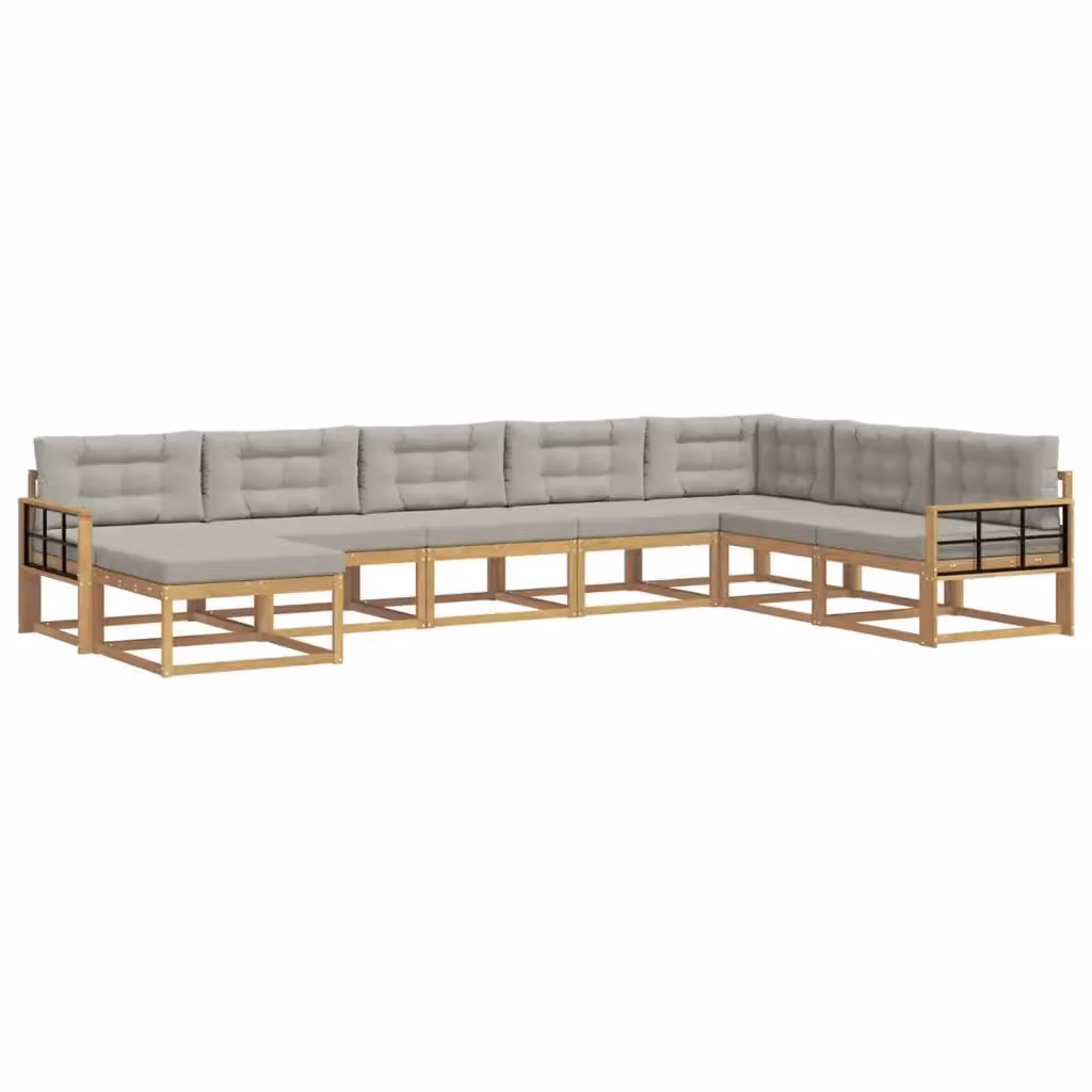 Set di divani da esterno a L vidaXL in legno di acacia con pouf e cuscini, Bianco e Grigio – 2