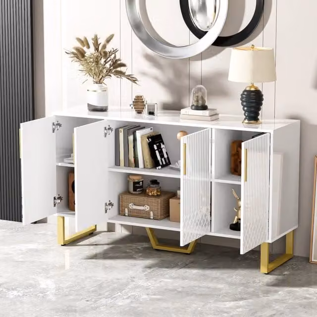 Credenza e madia con 4 ante ammortizzate in MDF bianco lucido con gambe e maniglie in metallo 140 × 40 × 80 cm