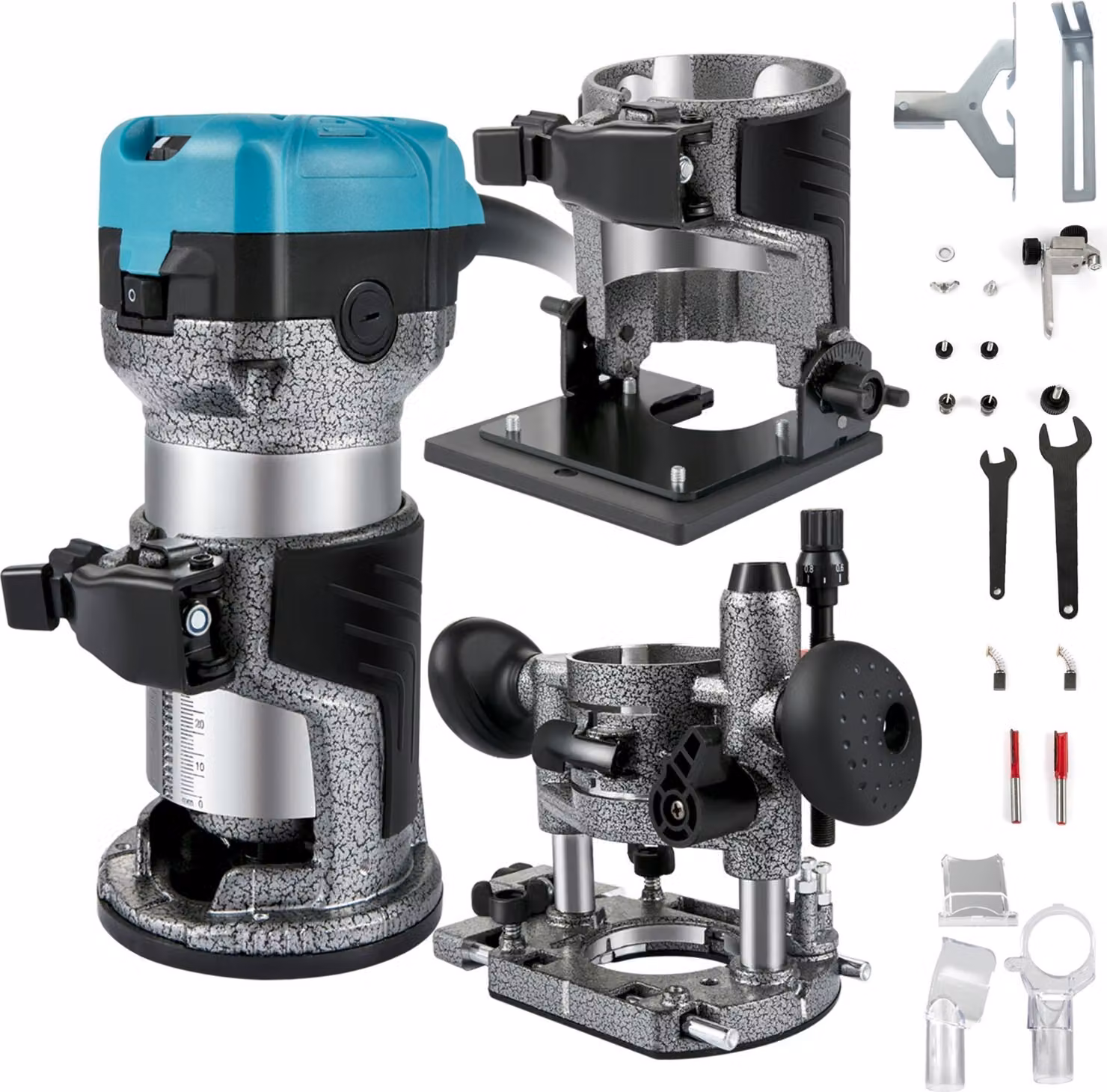 Fresatrice per legno a una mano 710 W, fresatrice per legno a una mano Electrik 33000 giri/min, base fissa, base inclinata, base a tuffo, 3 pinze di serraggio 6,35 / 6 / 8 mm, punte per fresa 6 / 8 mm incluse, guida per curve, fresa per bordi