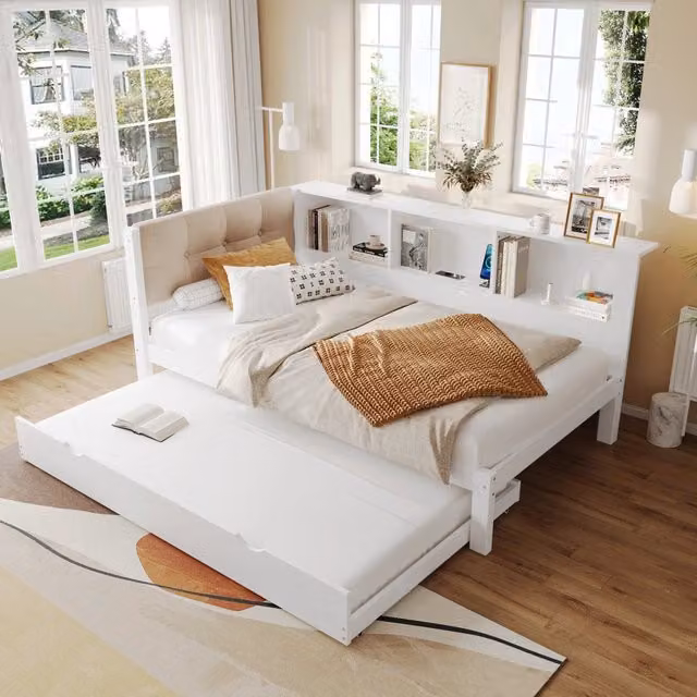 Letto giorno singolo 90x200 cm in pino bianco con letto estraibile, LED dimmerabile e porta USB integrati