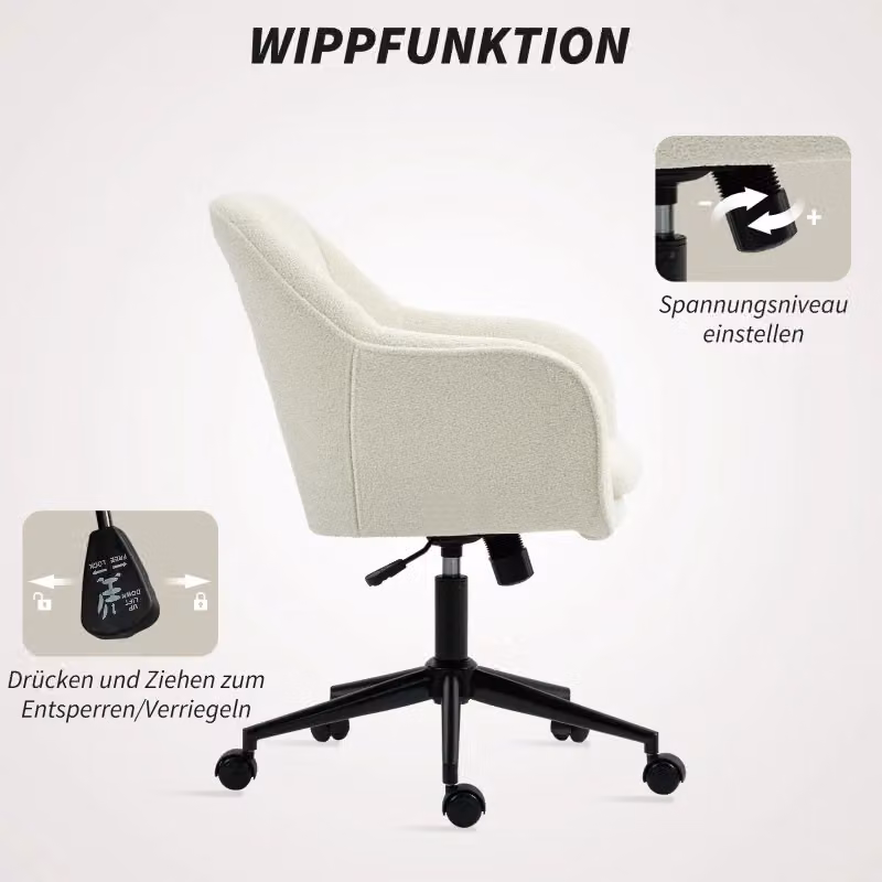 Sedia da ufficio girevole OKWISH in tessuto effetto velluto beige con altezza regolabile e ruote, L: 60 cm, P: 63 cm, H: 120 cm – 2