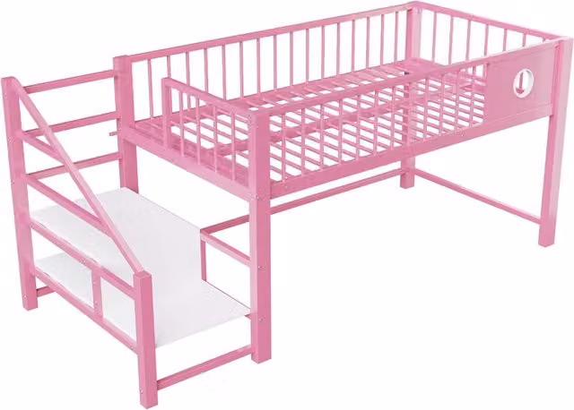 Letto alto basso per bambini 90x200 cm in metallo con scala e spazio contenitivo, rosa