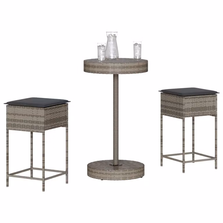 vidaXL Set Bar da Giardino 3 Pezzi in Polyrattan Grigio con Cuscini