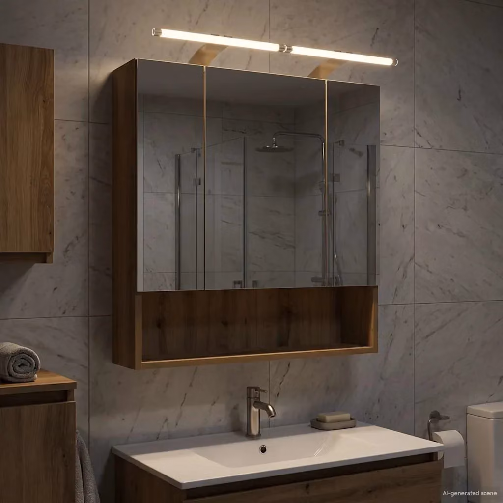 Mobiletto da bagno con specchio e illuminazione LED vidaXL in legno rovere marrone, sospeso, con ripiani interni e ante a battente – 2