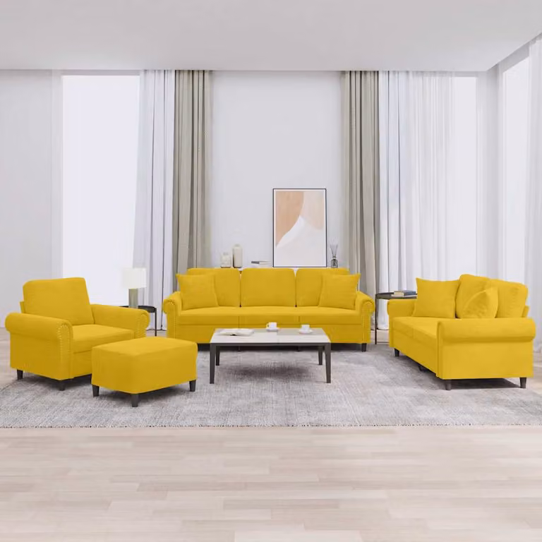 vidaXL Set di Divani Moderno in Velluto Giallo composto da Divano a 3 Posti, Divano a 2 Posti, Poltrona e Pouf con Cuscini