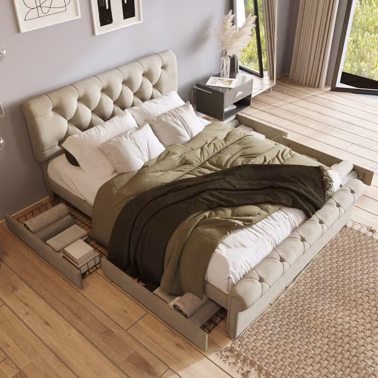 Letto imbottito STILVORA, 140x200 cm, letto per bambini con 4 cassetti, letto matrimoniale con poggiatesta regolabile in altezza, con motivo a bottoni, colore naturale (senza materasso)