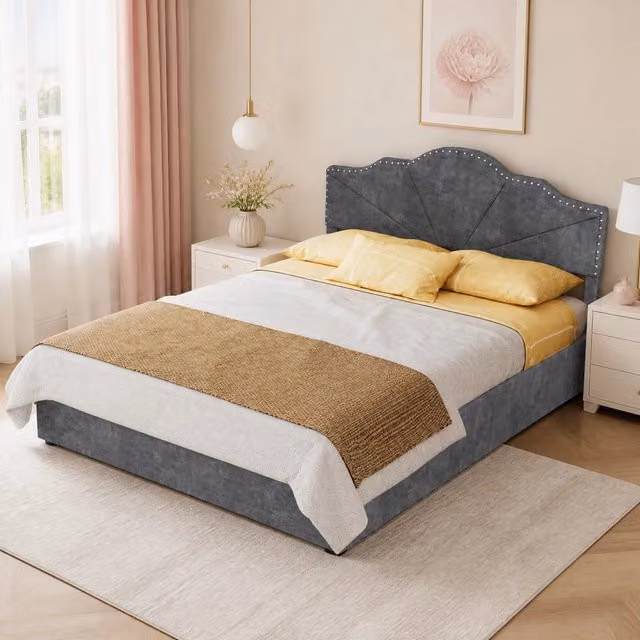 Letto imbottito 140x200 cm con rete a doghe; tessuto grigio e struttura in metallo