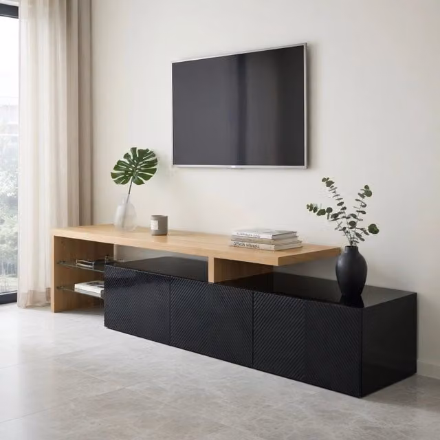 Cassettiera per TV Nero Naturale in MDF e vetro; lunghezza 197;5 cm