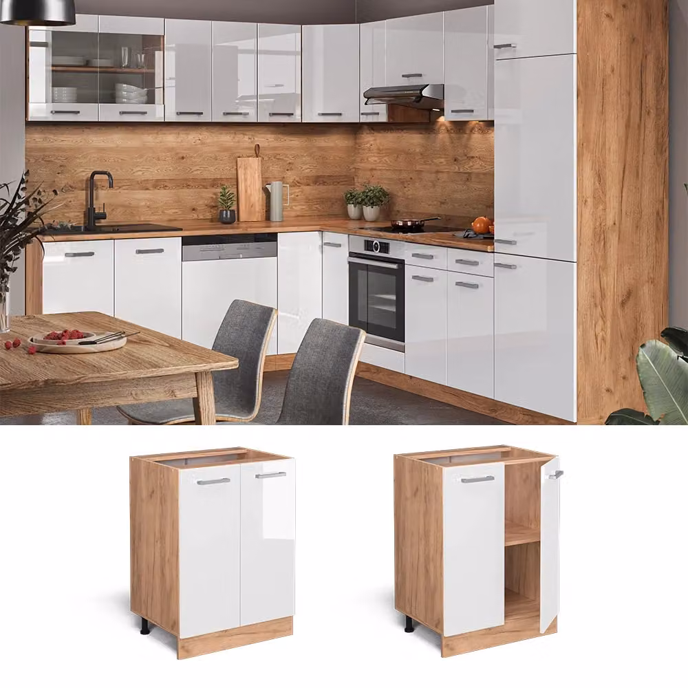 Mobiletto base cucina Vicco R-Line Bianco lucido e Rovere, L: 60 cm, H: 81,6 cm, P: 60 cm – 2