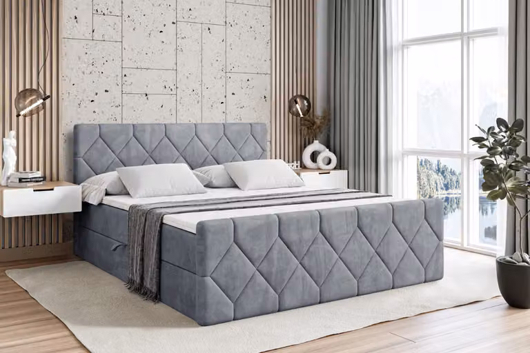 Letto boxspring ALTDECOR con pediera, materasso H4 e topper - 140x200 cm - CATOR-Z - Grigio velluto - Letto imbottito con contenitore e rete a doghe, letto con spazio contenitivo